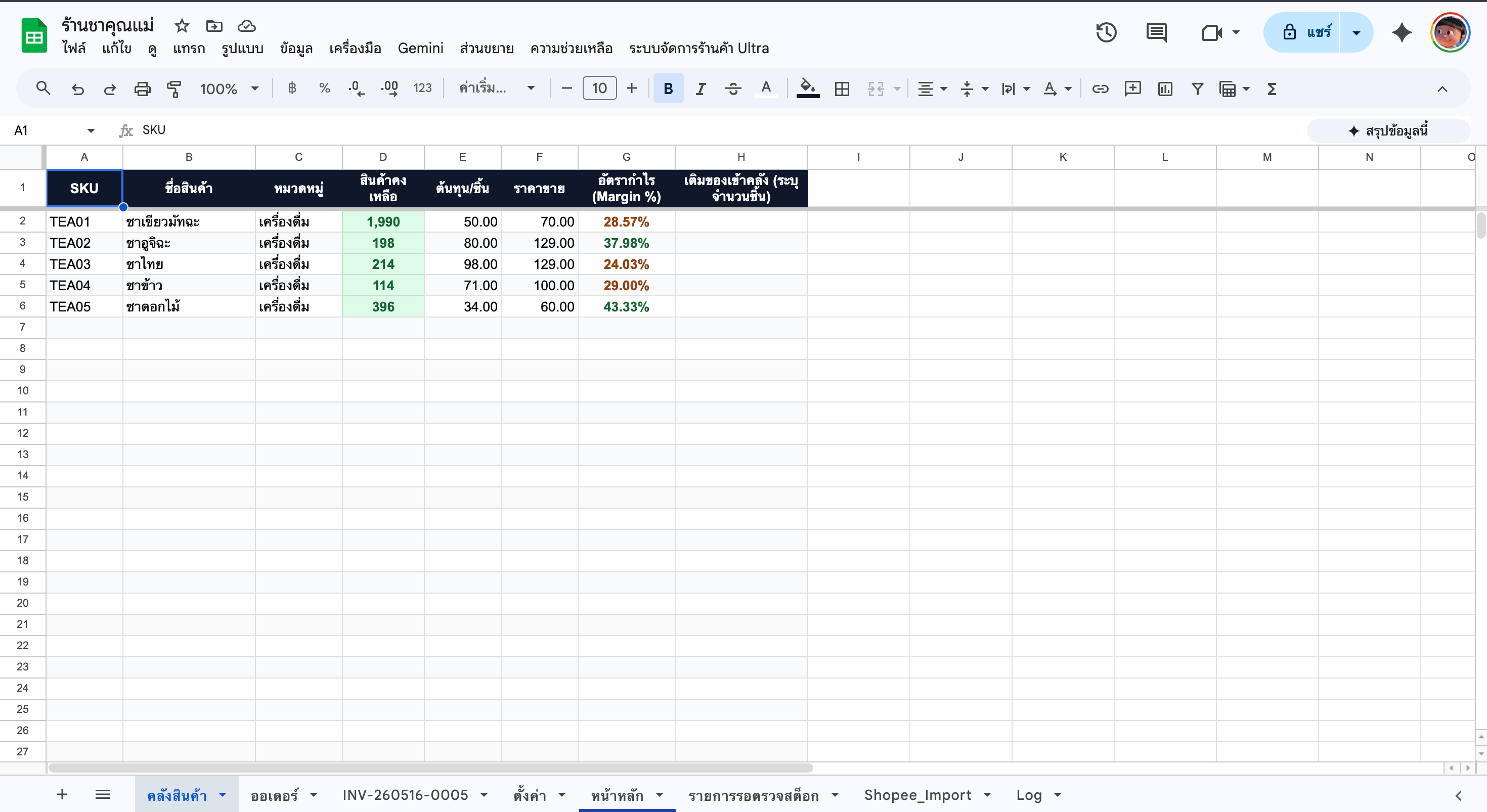 หน้าคลังสินค้า Google Sheets พร้อม Margin และสี